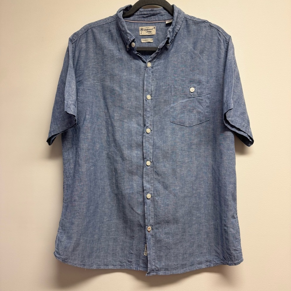 Short-Sleeve Linen Button-Down Shirt - Blue by Weatherproof Vintage EUC